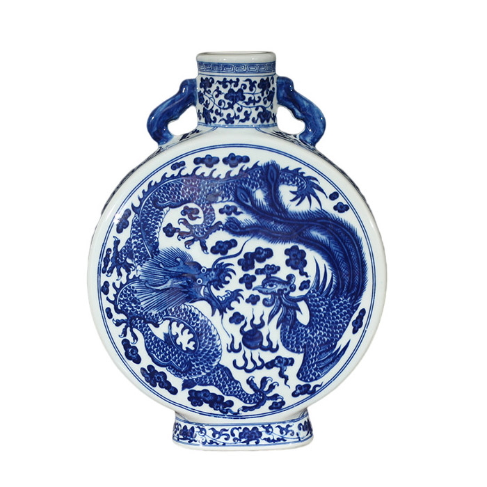 Blue and white porcelain flat porcelain vase with dragon and phoenix Jahrriesnge porcelain of dragon and phoenix cna0095