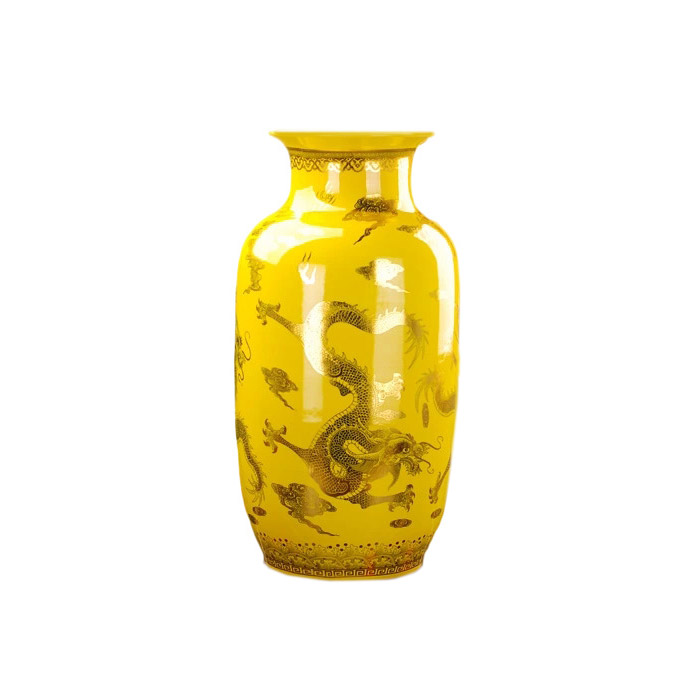 Extra large yellow in gold floor ceramic vase with dragon multiple Jahrriesnge porcelain of vase set 3 pieces cna0197