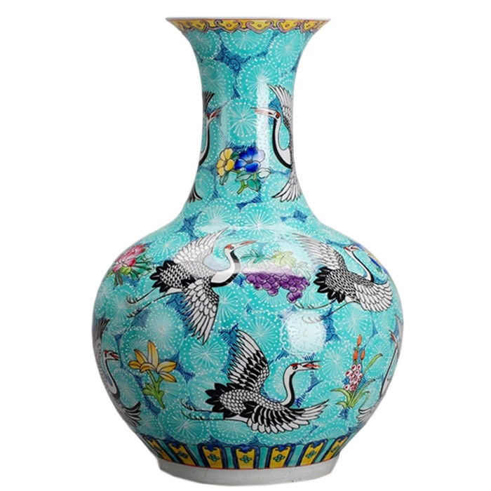 Tall hand painted green pastel floor flower vase with cranes home Jahrriesnge porcelain of kiln change Jun porcelain vase cna0231