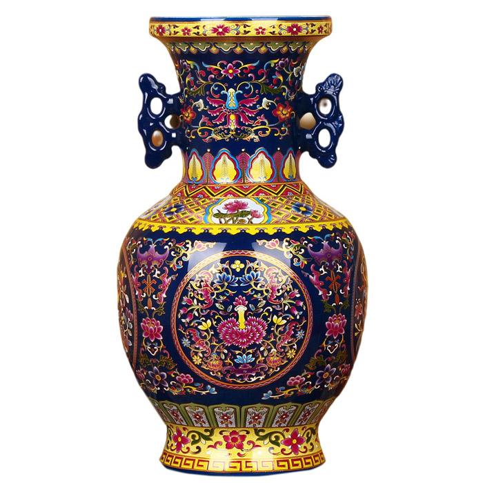 Chinese crystal-glazed blue double-eared lotus decorate ceramic vase Jahrriesnge porcelain of vase cna0315