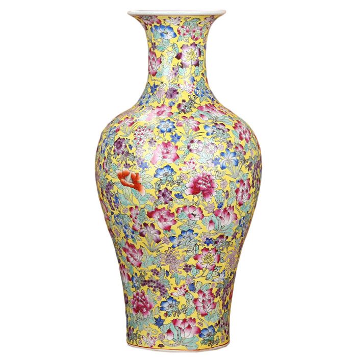 Hand painted tall pastel yellow bottom floor standing vase with flower Jahrriesnge porcelain of vase cna0318