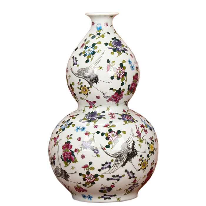 Large pastel luminous gourd floor standing vase with pine and crane Jahrriesnge porcelain of vase cna0321