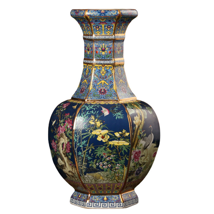 Blue enamel flower and bird six-sided vase ornaments for living room Jahrriesnge porcelain of vase cna0349