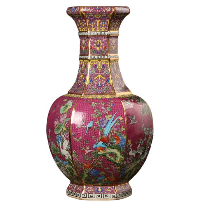Red enamel flowers and birds six-sided vases ornaments for living room Jahrriesnge porcelain of vase cna0350