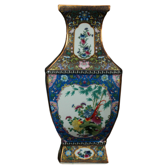 Vintage enamel colorful square flower and bird ceramic flower vase Jahrriesnge porcelain of color glaze vase cna0355