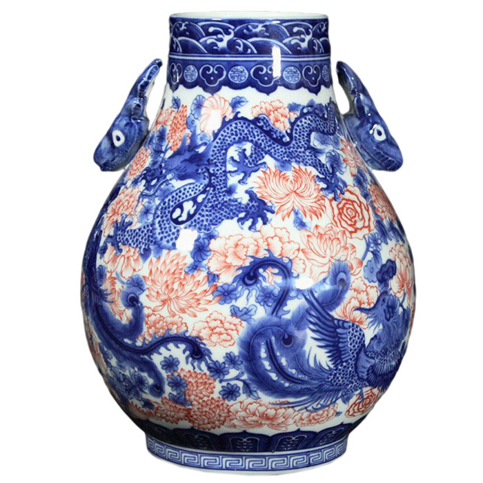 Blue and white underglaze red flowers vase with dragon and phoenix Jahrriesnge porcelain of vase cna0357