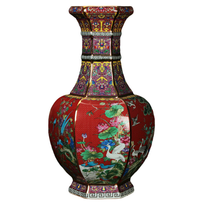 Vintage enamel color red hexagonal flower and bird square ceramic vase Jahrriesnge porcelain of vase cna0358