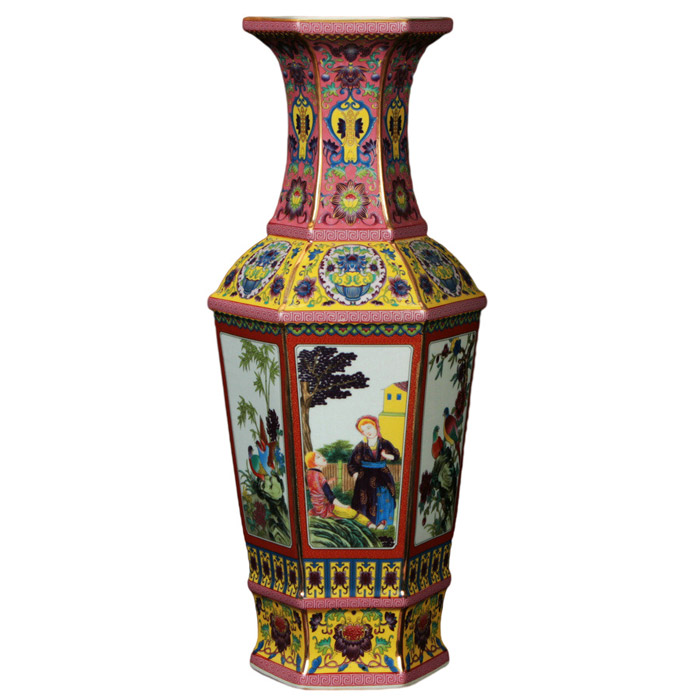 European enamel Ladies figure hexagonal porcelain flower vase ornament Jahrriesnge porcelain of vase cna0365