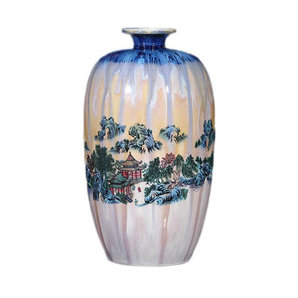 Kiln cracked glazed winter melon shape landscape pavilion ceramic vase Jahrriesnge porcelain of kiln change cracked glaze pomegranate flower vase cna0444