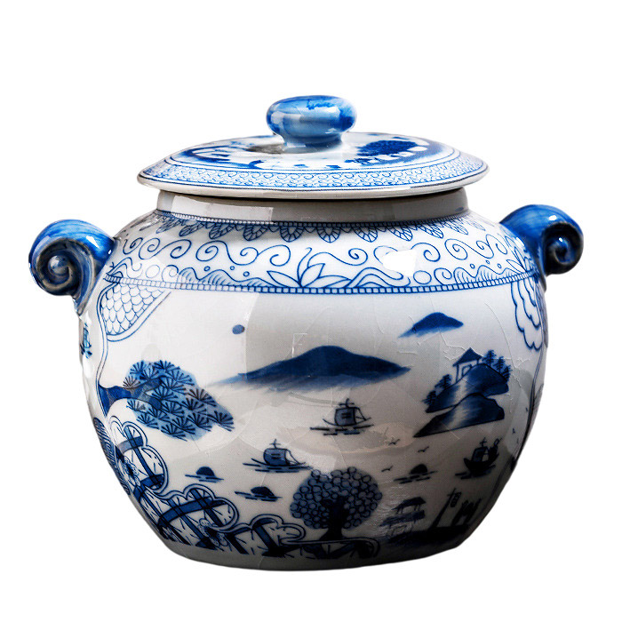 Jingdezhen big blue and white sealed ceramic tea storage jar ornament Jahrriesnge porcelain of cna0451