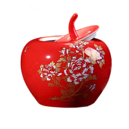 peony flower pattern apple shape big red ceramic storage jar Jahrriesnge porcelain of red apple storage tank cna0473