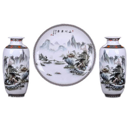 3-piece ceramic hanging plate and vases with mountains and rivers Jahrriesnge porcelain of vase set three pieces cna0571