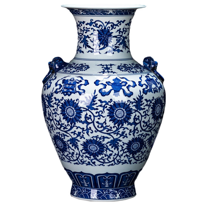 Blue and white double-eared lion head 8 treasure floor porcelain vase Jahrriesnge porcelain of vase cna0675