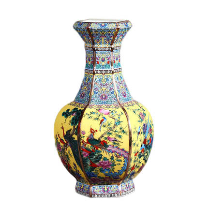 Vintage small yellow majolica ceramic vase ornaments outline in gold Jahrriesnge porcelain of outline in gold vase cna0879