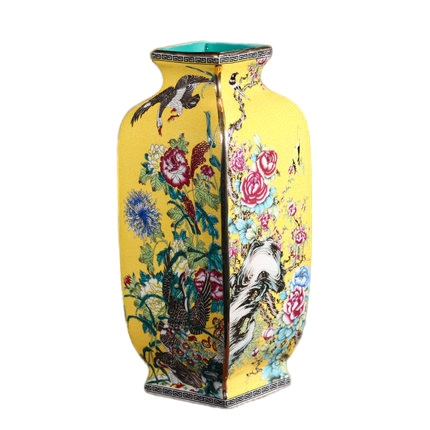 Vintage middle yellow majolica ceramic vases ornaments outline in gold Jahrriesnge porcelain of outline in gold vase cna0896