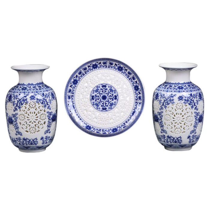 3 pieces grooved hollow picture hanging plate and vases Jahrriesnge porcelain of hollow vase set 3 pcs cna0905