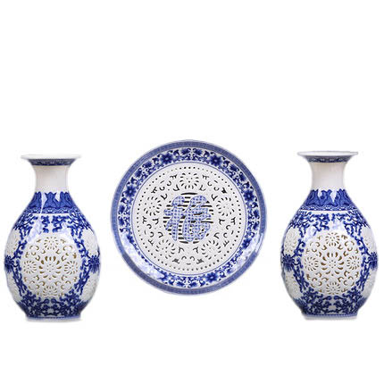 3 pieces grooved hollow picture hanging plate and jars Jahrriesnge porcelain of hollow vase set 3 pcs cna0906