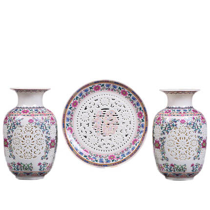 3pcs grooved hollow picture pastel hanging plate and winter melon vase Jahrriesnge porcelain of hollow vase set 3 pcs cna0910
