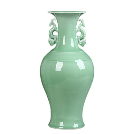 Two ears mermaid shape mint glazed green chinese porcelain vases Jahrriesnge porcelain of green binaural vase cna0916