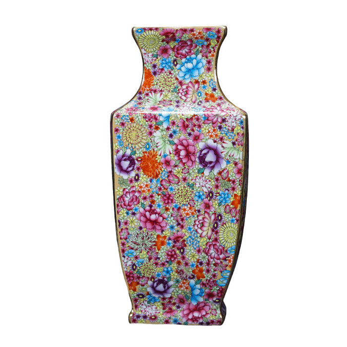 Vintage Qing dynasty big multi-flowers four-sided flower vase Jahrriesnge porcelain of european style enamel vase cna1040