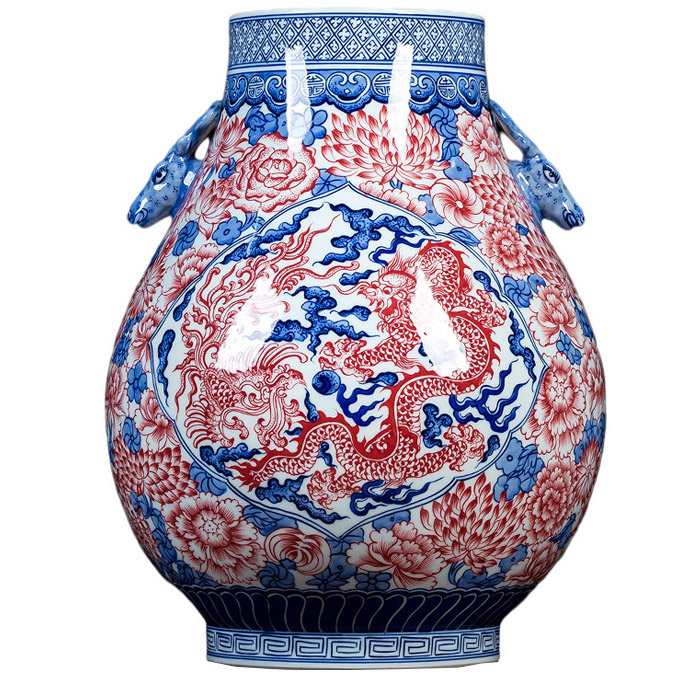 Hand-painted bucket shape red dragon blue and white enamel vase Jahrriesnge porcelain of vase cna1053