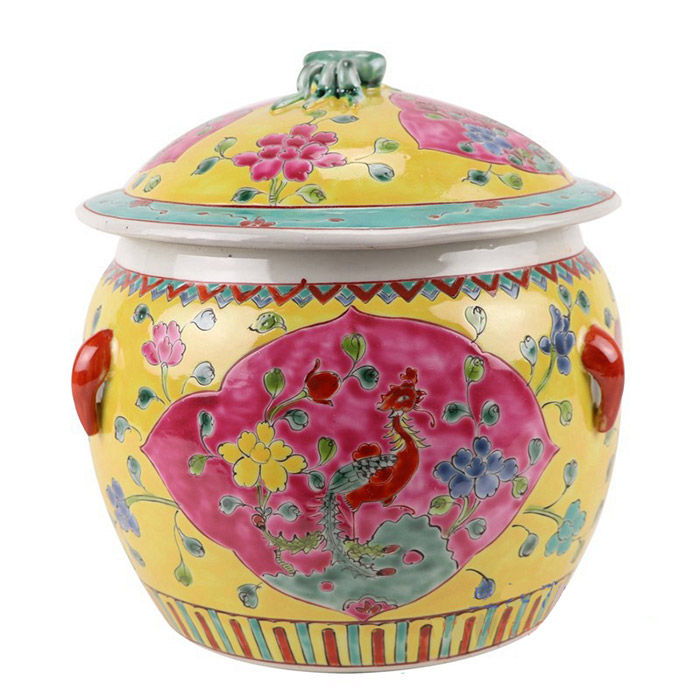 Pastel yellow with phoenix pattern storage pottery jar Jahrriesnge porcelain of ink painting vase set 3pcs cna1075