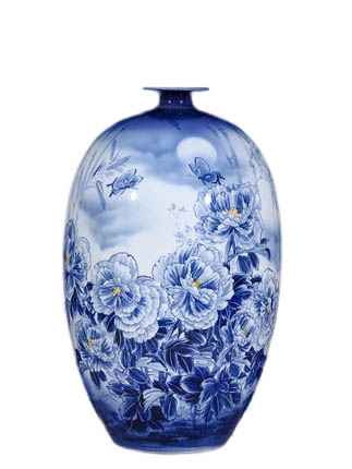 Designer large hand painted peonies blue and white porcelain vase Jahrriesnge porcelain of flowers and birds vase cna1117