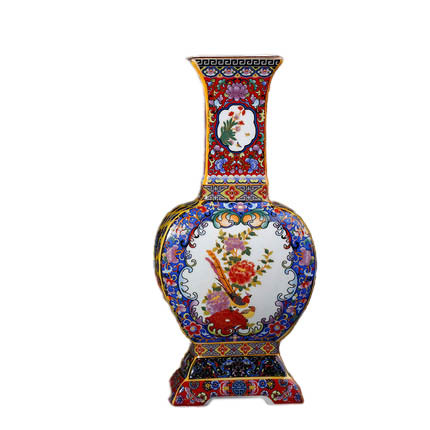 Four-sides long neck enamel ceramic vase with birds and flowers Jahrriesnge porcelain of enamel Multilateral vase cna1209