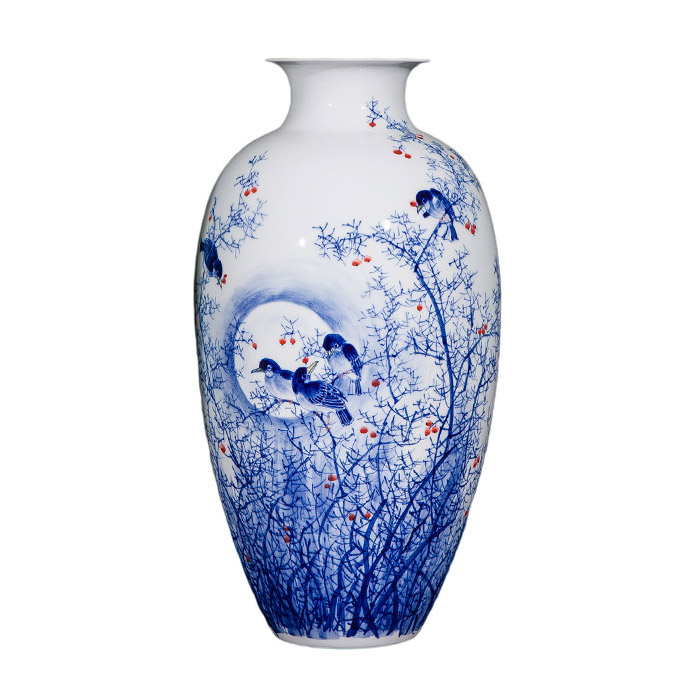Hand-painted large blue and white ceramic vase with birds and fruits Jahrriesnge porcelain of cna1240