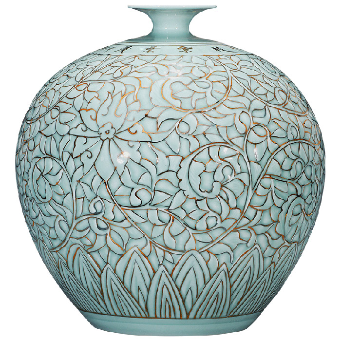 Vintage big hand painted celadon gilt vase ornament home Jahrriesnge porcelain of vase set 3 pcs cna1246