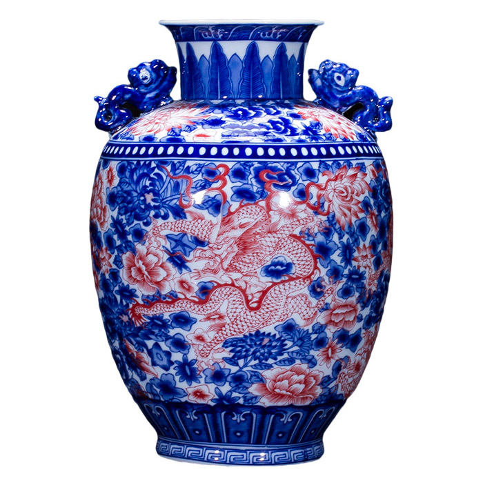 Vintage blue and white glaze red flower vase and ornament with dragon Jahrriesnge porcelain of cna1253