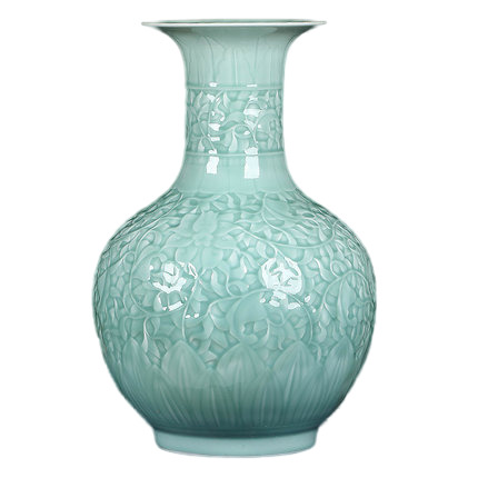 Vintage small celadon lotus carved textured glazed ceramic vase Jahrriesnge porcelain of carving shadow blue glaze vase cna1306