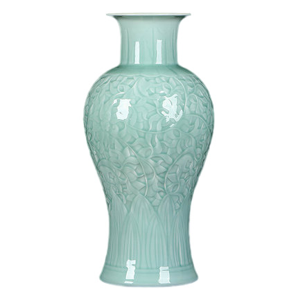 Vintage small celadon lotus carved textured glazed ceramics vases Jahrriesnge porcelain of carving shadow blue glaze vase cna1308