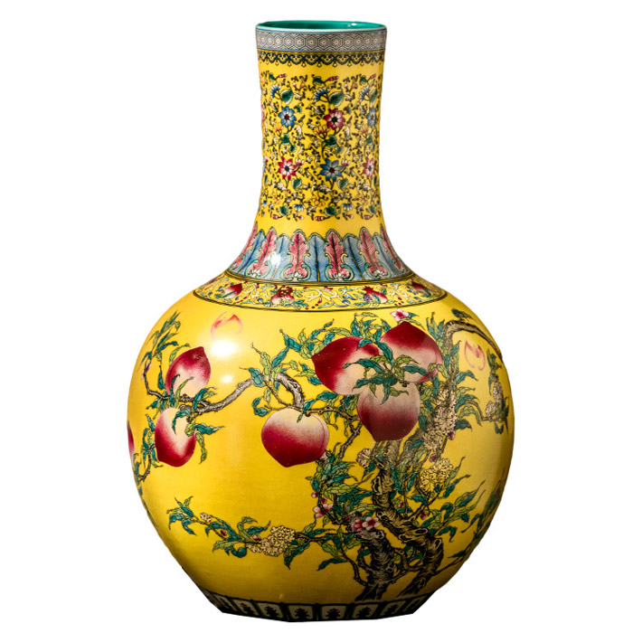 Antique big yellow enamel ceramic vase ornaments with nine peaches on Jahrriesnge porcelain of vase cna1319