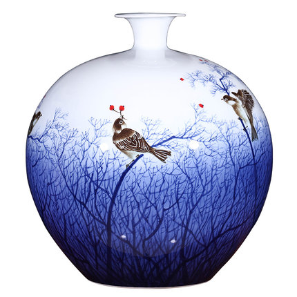 Designer hand painted blue and white vase with birds and flowers Jahrriesnge porcelain of birds trees vase cna1342
