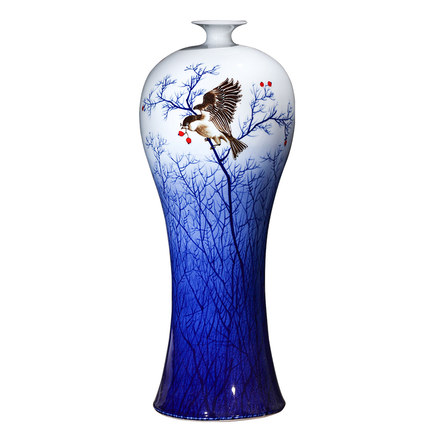 Designer large hand painted blue and white vase with birds and fruits Jahrriesnge porcelain of birds trees vase cna1350