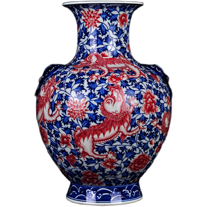 Vintage blue and white underglaze red unicorn binaural ceramic vase Jahrriesnge porcelain of cna1389