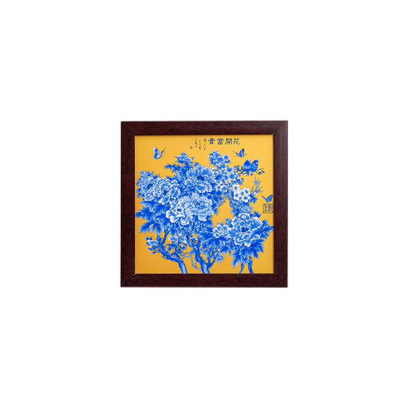 China blue and white peony yellow background porcelain plate painting Jahrriesnge porcelain painting of cna1708