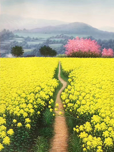 Jahrriesnge Landscape of yellow-flower-and-village-lpg0769